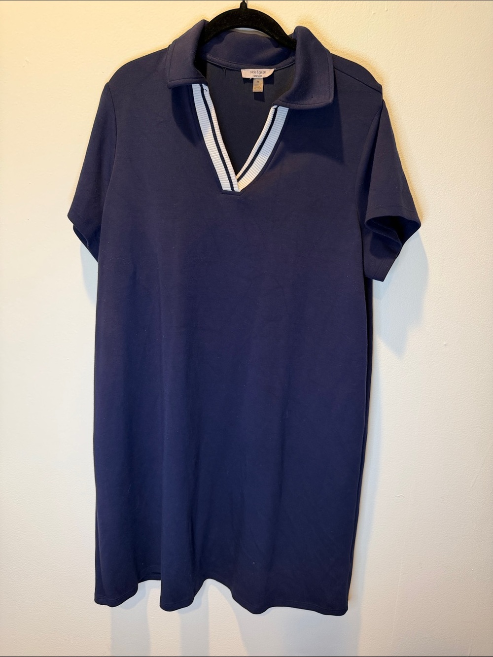 Cable & Gauge Navy Polo Dress with Contrast White-Trim V-Neck